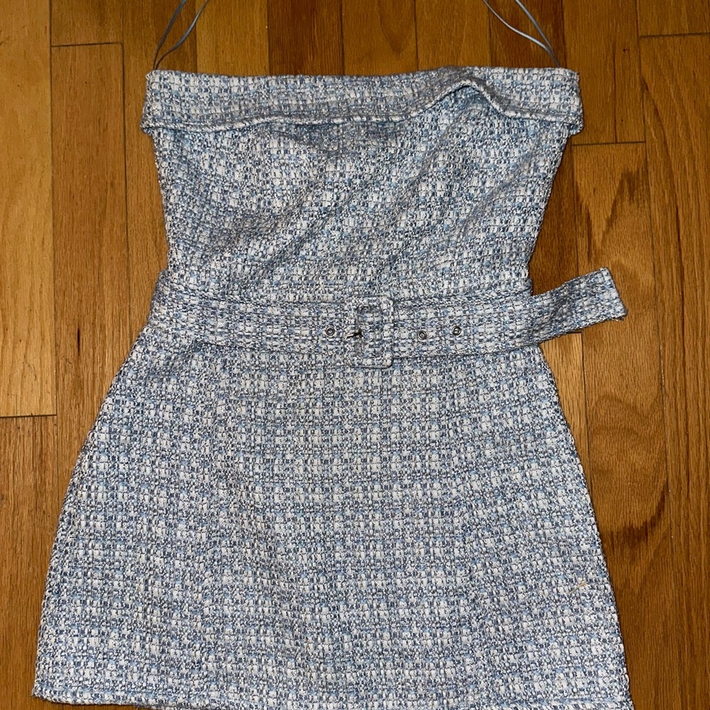 Blue Tweed Strapless Dress
